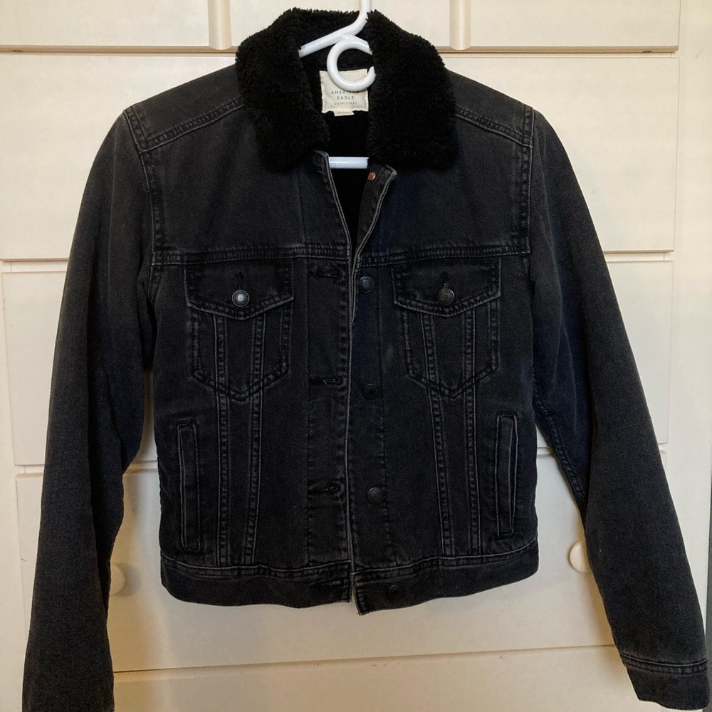 American Eagle Black Denim Jean Jacket XS Extra Small Like New Sherpa
